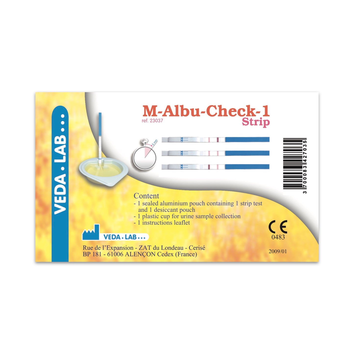 Veda Lab M-Albu-Check-1 Strip back of packaging on a white background