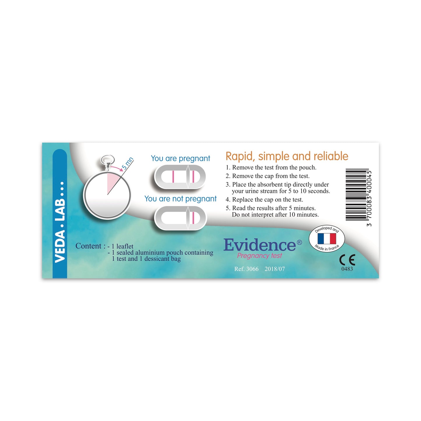 Pregnancy test kit back of packaging with Veda Lab branding on a white background