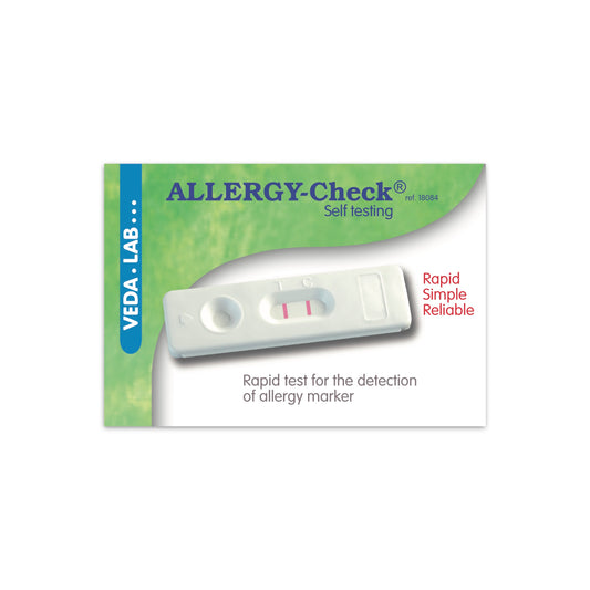 Allergy test kit packaging with Veda Lab branding on a white background