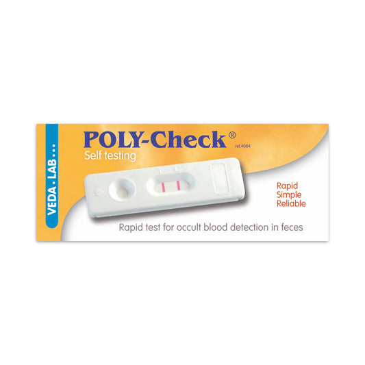 POLY-Check self-testing kit for occult blood detection in faeces on a white background