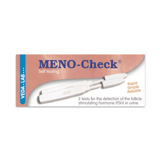 MENO-Check self-testing kit packaging with Veda Lab branding on a white background