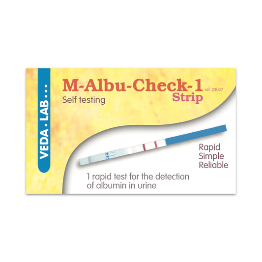 M-Albu-Check-1 Strip packaging with Veda Lab branding on a white background