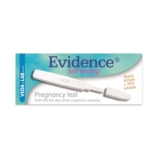 Pregnancy test device packaging with 'Evidence' branding on a white background
