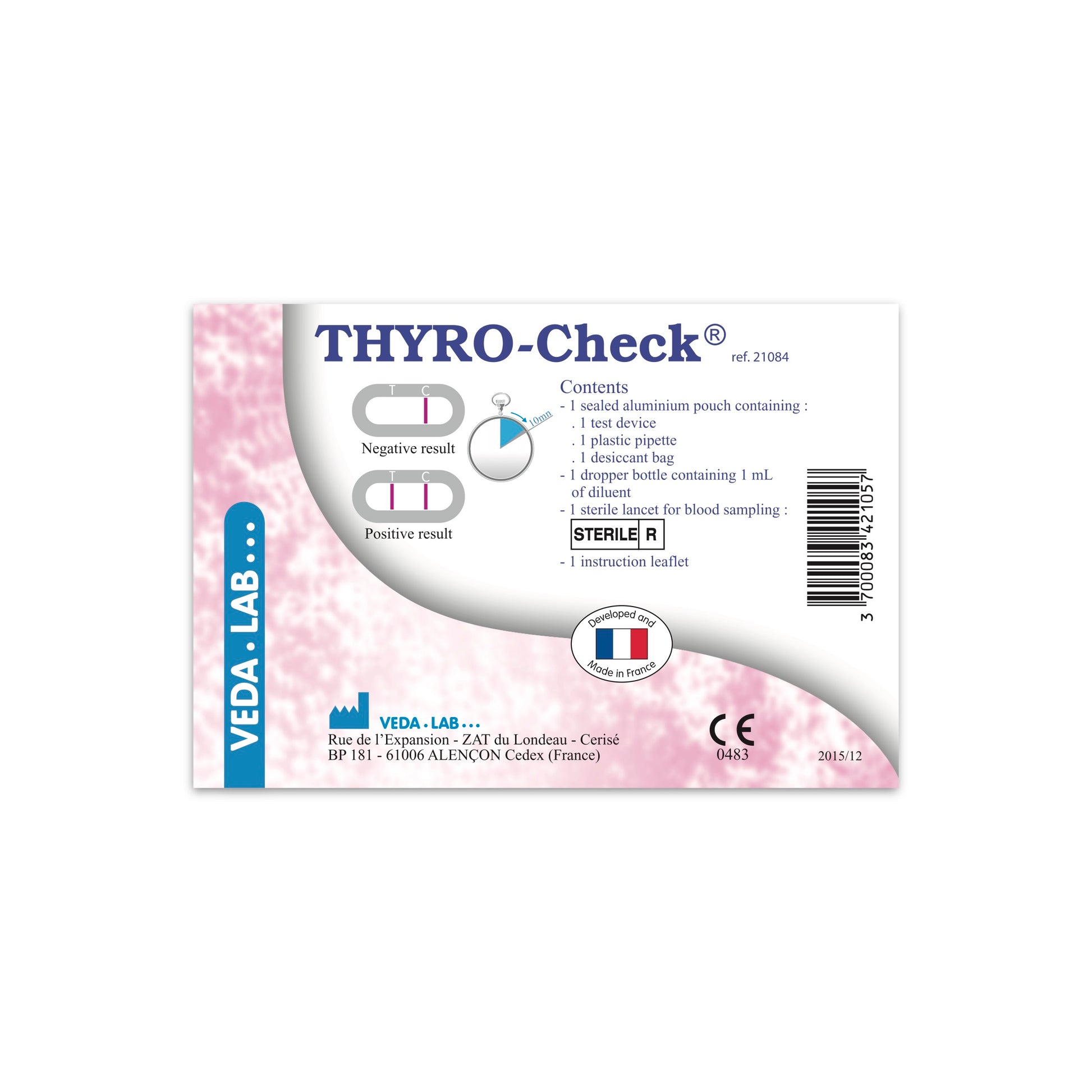 THYRO-Check diagnostic test kit back of packaging with Veda Lab branding on a white background