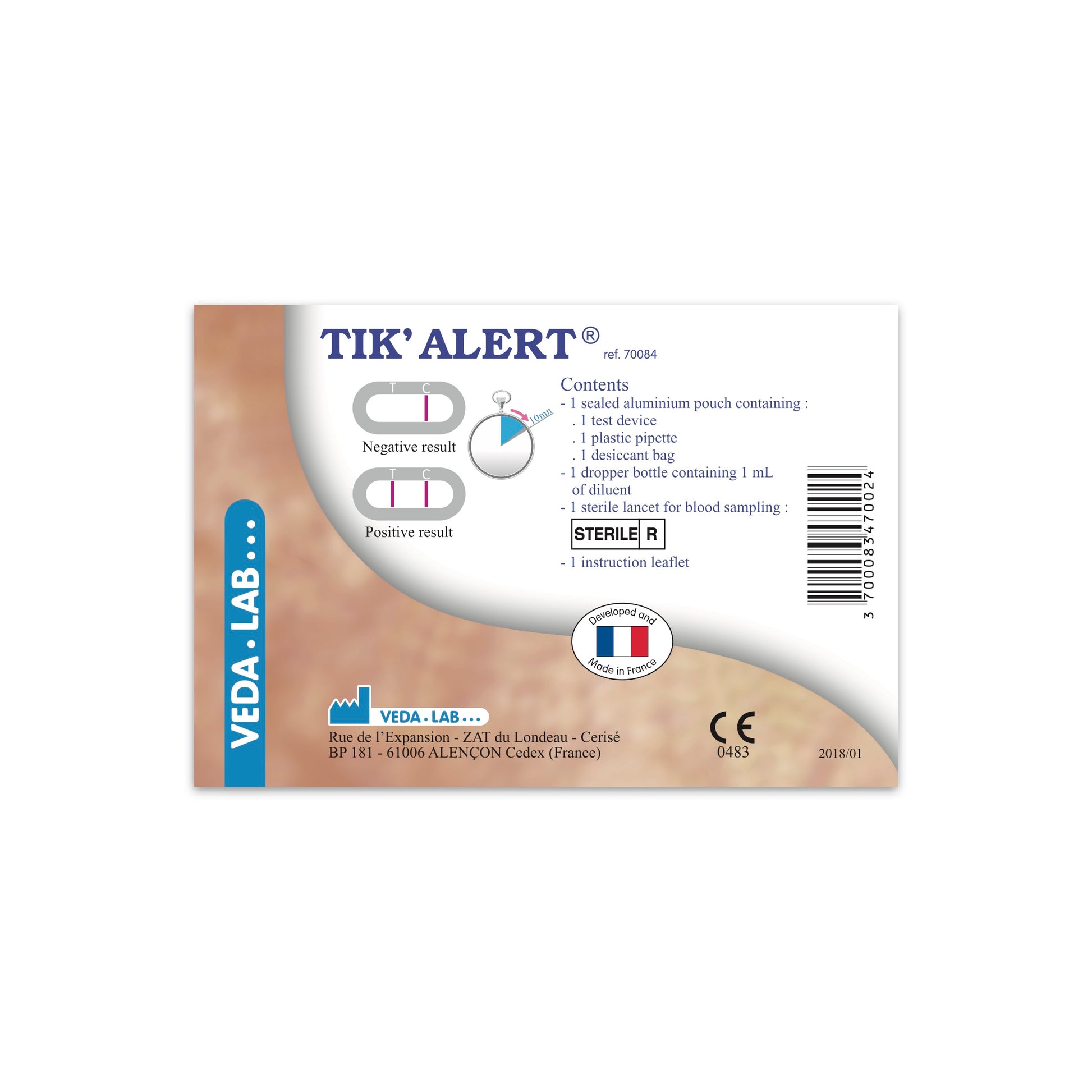 Tik' Alert diagnostic test kit packaging with Veda Lab branding on a white background