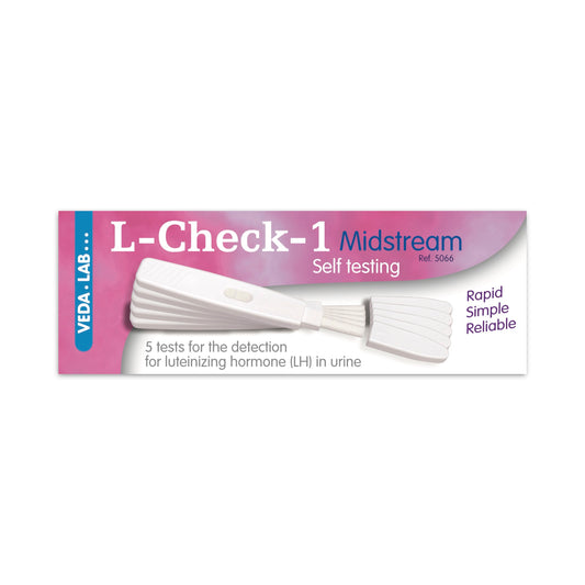 L-Check-1 Midstream self-testing kit packaging on a white background